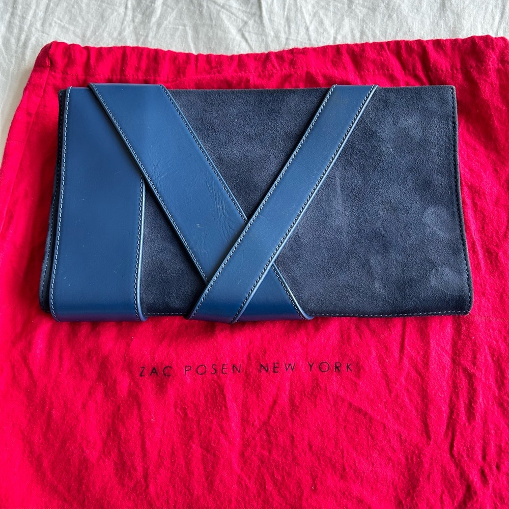 Zac Posen Suede and Leather Clutch in Navy